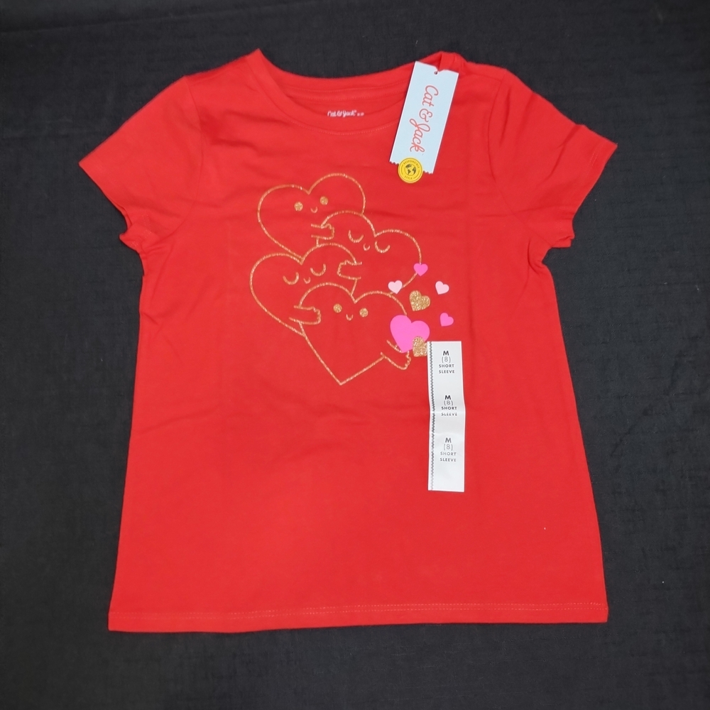 NEW! Cat & Jack Red Kids Girls Hugging Hearts Love T-Shirt Size 8 M Short Sleeve